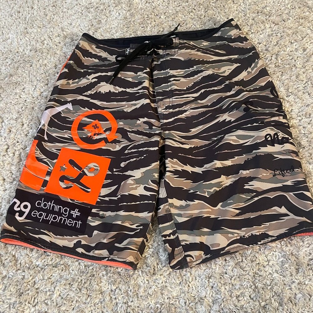 LRG Core Jungle Camo Board Shorts Size 34 Orange Graphic